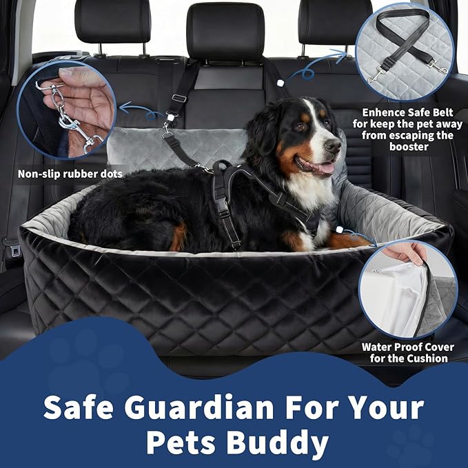 Extra Large Dog Car Booster Seat with Safety Belt, Waterproof & Non-Slip Memory Foam Dog Booster Seat with Thick Cushion, Pet Car Seat for SUV, Pick Up, Trunk