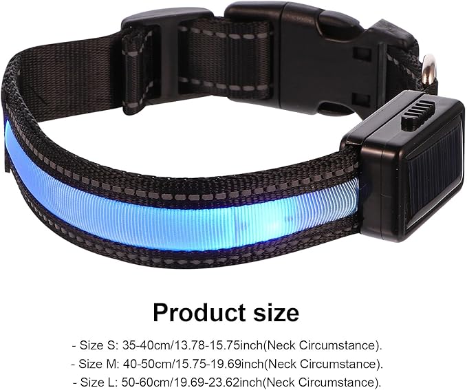 LED USB Rechargeable Dog Collar, Blue Small Glowing Pet Collar with Solar-Powered Flashing Light for Night Walking and Outdoor Safety