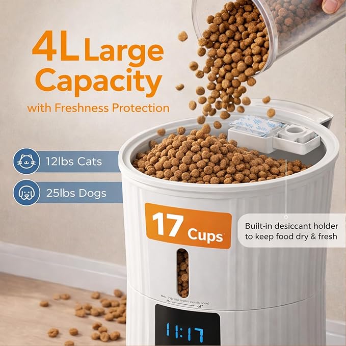 Simple Deluxe Automatic Cat Feeder, Wi-Fi - 4L Dry Food Dispenser for Cat and Dog with APP Control | 10 Meals | 10s Voice Recorder | Programmable 50 Portions | Dual Power Supply | Desiccant Bag, White