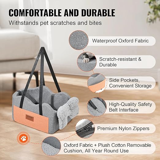 VEVOR Console Dog Car Seat, Center Console Dog Booster Seat for Small Dogs, Pet Seat for Car Armrest with Clip-On Leash, Adjustable Straps, Supports up to 8lbs, Dark Gray