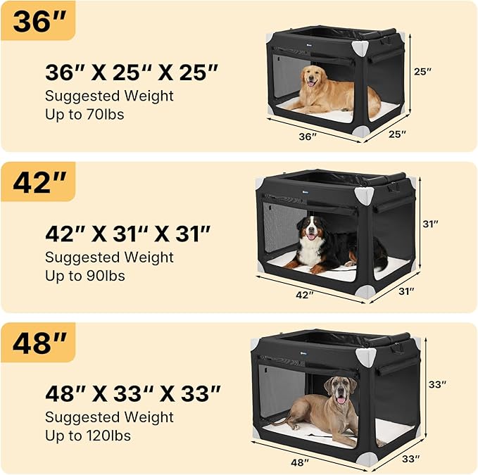 Veehoo Large Dog Crate for Indoor Outdoor, Portable Collapsible Travel Dogs Crate, 36 Inch Soft Foldable Pet Kennel with 4-Door Mesh Windows