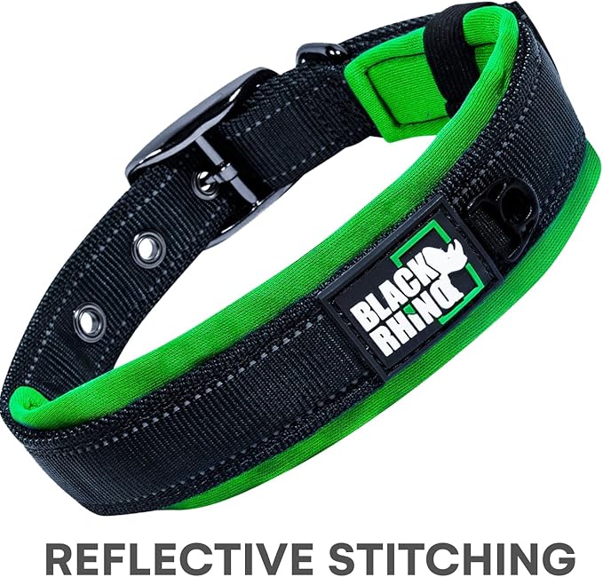 Black Rhino Dog Collars for Small Dogs - Adjustable Reflective Heavy Duty Dog Collar with Ultra-Soft Neoprene Padding - Weatherproof, Durable, and Comfortable for Active Dogs - Green and Black