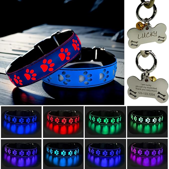 LED Dog Collar with Paw Print Design, 15 Light Modes, Waterproof, Includes Bone-Shaped Name Tag, Multiple Colors (Blue, L(15.7-19.7"))