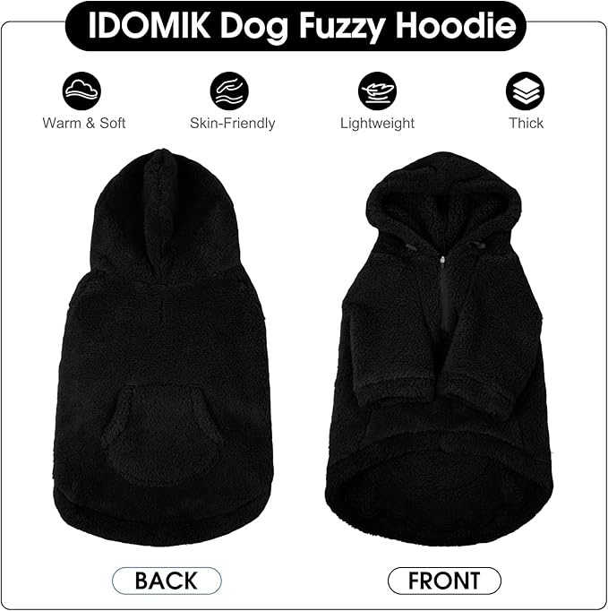 IDOMIK Fuzzy Dog Sweater with Adjustable Hood, Warm Fleece Dog Sweater Hoodie with Harness Hole & Pocket, Pullover Sweaters for Small Dogs, Fuzzy Hooded Sweatshirt for Fall Winter Christmas,Black,XS