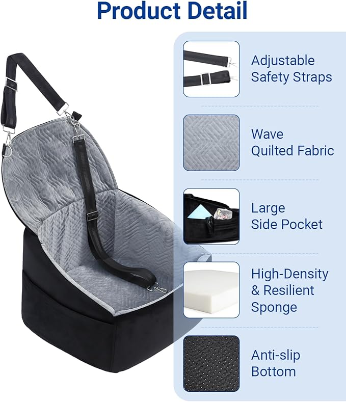 Dog Car Seat for Small Dogs, Dog Booster Seat with Extendable Backrest, Pet Car Seats up to 30 lbs, Washable Removable Cover Travel Bed with Storage Pockets and 2 Safety Leashes, Black&Grey