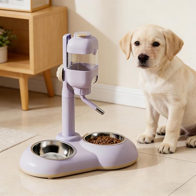 Pet Standing Water Dispenser Dog Bowl 2 in 1 Adjustable Height Pet Feeder Waterer with Two Steel Bowl for Ferrets Kittens Cat, Violet
