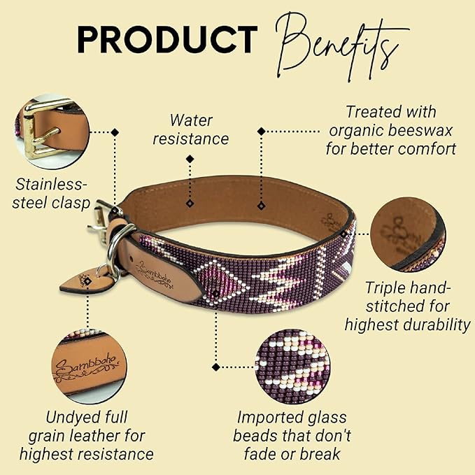 Sambboho - Charlotte Dog Collar - All Natural Soft Leather Dog Collar w/Durable Hand Stitched Bead Embroidery (22-24 in.)