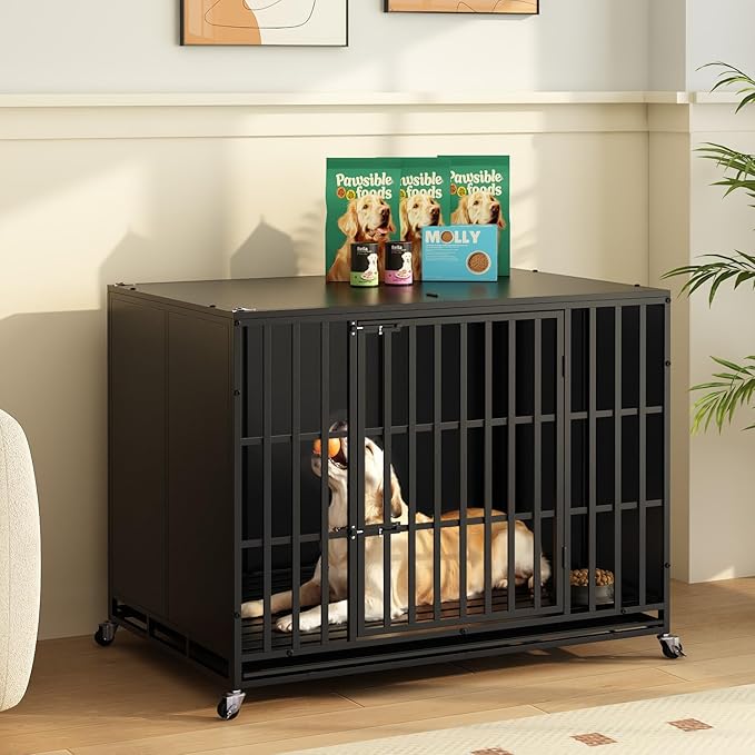 LEMBERI 42 inch Heavy Duty Indestructible Dog Crate, High Anxiety Extra Large Dog Cage for Large Dogs, XL Steel Escape Proof Dog Kennel with Wheels and Removable Tray
