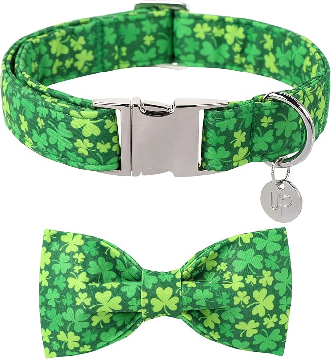 St. Patrick's Day Dog Collar with Bow Tie, Lucky Shamrock Bowtie Collar Adjustable for Girl Boy Dog, Trefoil Dogs Collars Durable, Spring Green Collars for Dogs, XS, Neck 8-12in
