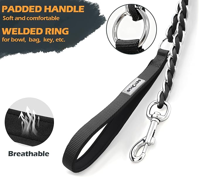 Chain Dog Leash Chew Proof Metal Leash for Medium Large Dogs, Chain Link Anti Chew 4FT Strong Anti Bite Comfortable Soft Padded Handle Black 3.0
