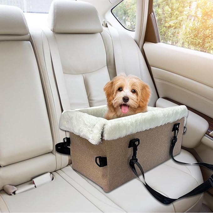 Soft Dog Car Seat, Portable Puppy Console Chair, 18 Inches Pet Cushion with Safety Buckle, Oxford Fabric Travel Bed with Comfort Padding, SUV Armrest Vehicle Seat Secure Straps