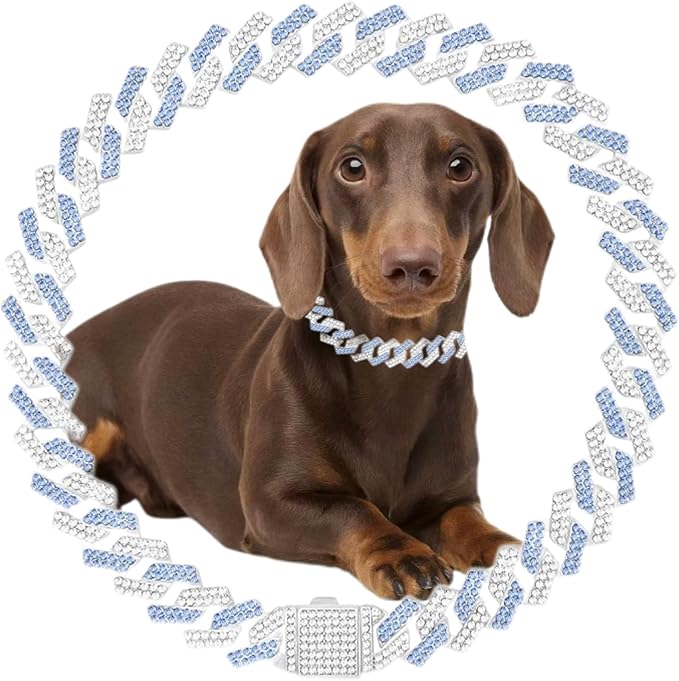 Blue Dog Chain Collars Diamond Cuban Link Bling Dog Necklace Collars Glitter Chain Rhinestone Dog Collar for for Small Medium Large Pet Dogs(Blue 16inch)