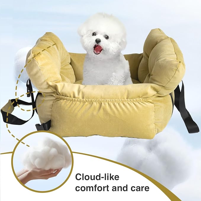 Pet Car Booster Seat, Soft Corduroy, Small Dog Cat Carrier with Safety Straps, Storage Pockets, 18x16x9 Inch, for Pets Under 25 lbs (Lemon Green)