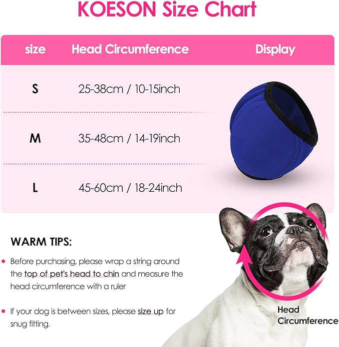 KOESON Dog Calming Hoodie - No Shake Ear Wraps for Dogs, Anxiety Relief & Noise Protection, Water Resistant Pet Ear Cover Muffs for Firework, Grooming, Thunderstorms, Swimming, Bathing, Royal Blue S