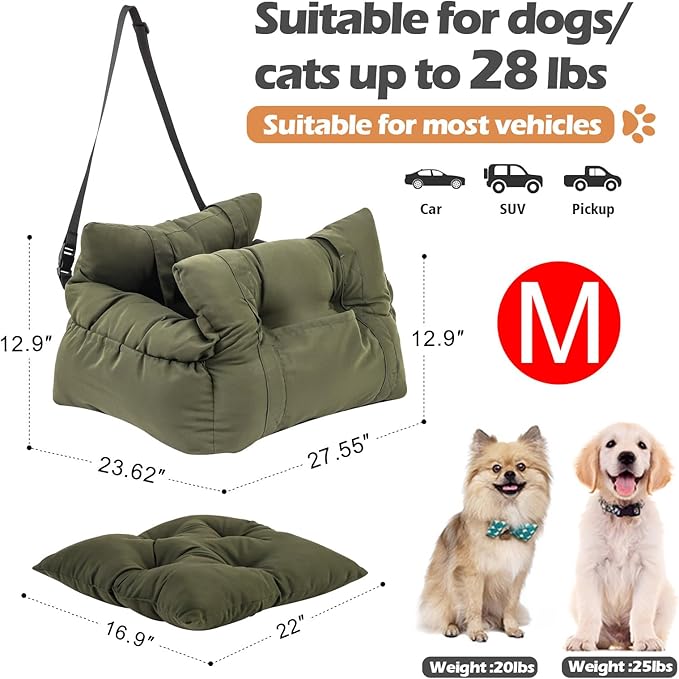Medium Dog Car Seat Up to 28lbs - Pet Travel Bed Booster with Storage, Safety Tether, Anti-Slip Bottom for Cars(Green)