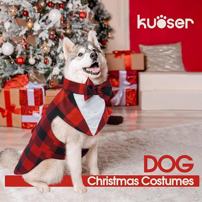 Kuoser Christmas Dog Tuxedo Dog Suit and Bandana Set, Pet Christmas Outfit Adjustable Puppy Xmas Costume with Bow Tie for Large Medium Small Dogs Golden Retriever Samo Bulldogs, Red Plaid XL