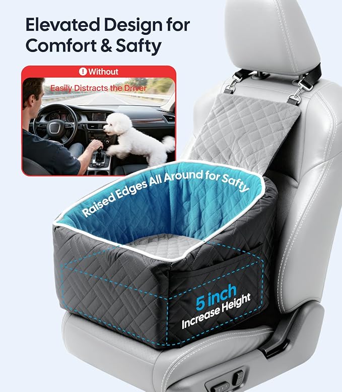 Wigoo Dog Booster Car Seat for Small/Medium Dogs Under 35 lbs, Memory Foam Elevated Seat, Fully Detachable & Washable, Pet Car Travel Home Bed with Storage Pockets, 1 Safety Belt, Black