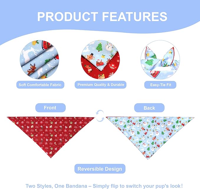 Christmas Dog Bandana 2-in-1 Style - Reversible Santa & Snowman Print Scarf for Small to Medium Dogs, Gift for Dog Lovers
