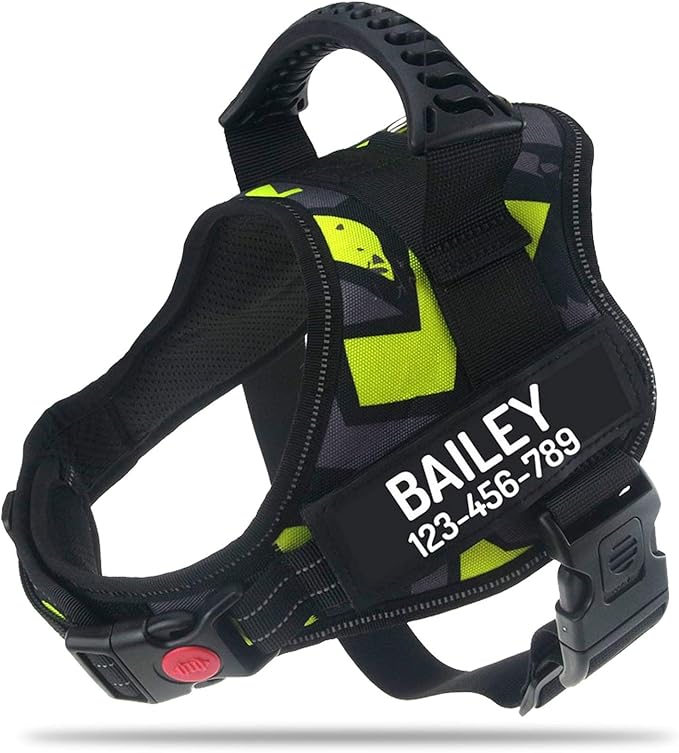 Personalized No Pull Dog Harness with Custom Name and Phone Number by PawPawify, Heavy Duty Pet Vest to Prevent Tugging, Pulling, or Choking, Training and Walking Green Doodle