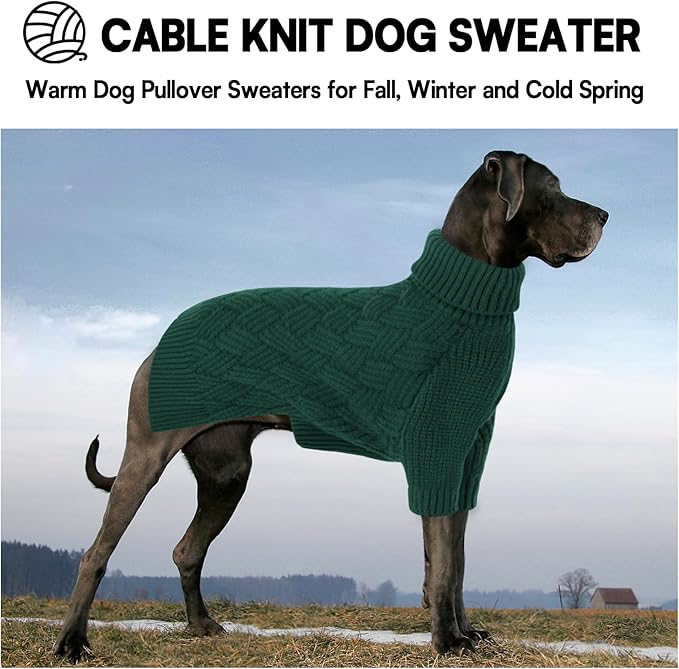 KOESON Large Dog Sweater, Warm Christmas Dog Sweaters for Large Dogs, Cable Knit Sweater for French Bulldog, Pug, Corgi, Boston Terrier, Easy On Xmas Sweaters for Dogs, Green, L