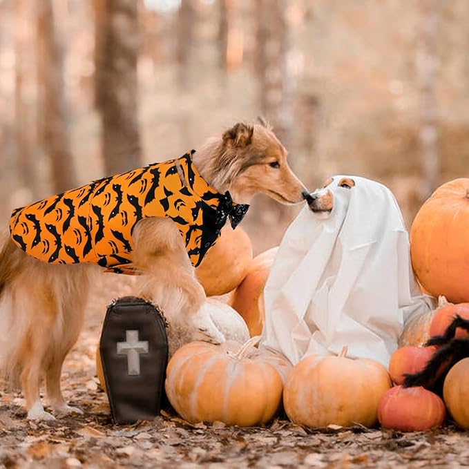 Kuoser Dog Tuxedo Suit and Bandana Set, Bat Pumpkin Print Dogs Halloween Outfit Adjustable Dog Halloween Costume with Bow Tie for Large Medium Small Dogs Golden Retriever Samo Bulldogs, Orange L