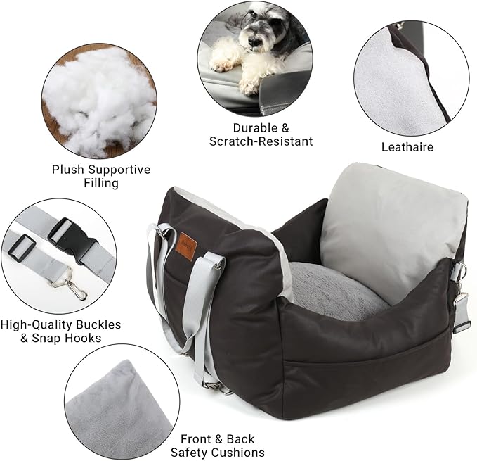 Leath-Aire Dog Car Seat, Scratch Resistant, Waterproof Booster Seat with Storage Pockets and Clip-On Safety Leash, Portable Dog Travel Carrier Bed up to 25lbs (Black/Grey)