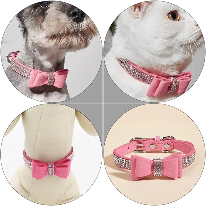 Rhinestone Dog Collar with Bowknot Adjustable Pink Pet Neck Ring Xs 30×1.5cm for Small Cats and Dogs Training Accessories