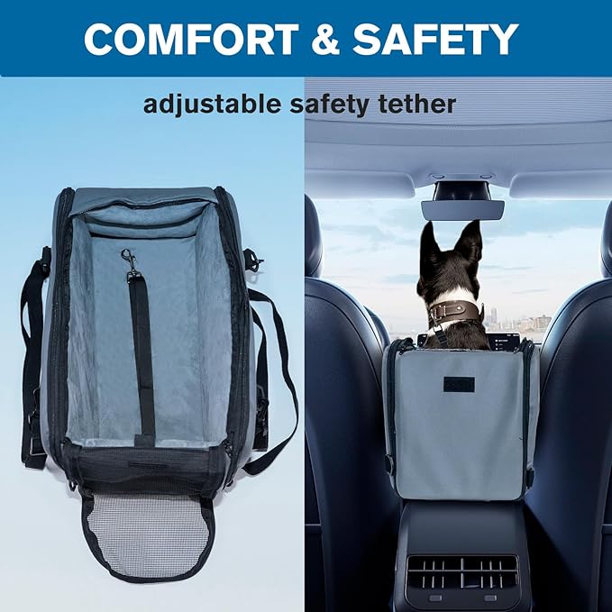 Center Console Dog Car Seat, Portable Dog Car Booster Seats for Small Dogs Up to 9lbs, Foldable Pet Puppy Ca Seats with Zippered Mesh Top, Safety Leash, Adjustable Belts, Storage Pockets