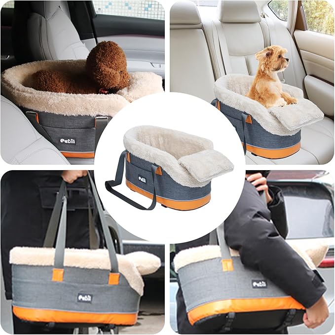 Linen & Velvet Console Dog Car Seat - Anti-Slip Base with Pockets for Poop Bags, Fits Small Dogs Under 5kg