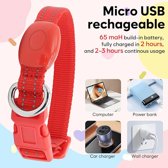 Light Up Dog Collar - Reflective LED Puppy Collar Rechargeable Glow in The Dark Cat Collar High Visibility Safety Dog Lights for Night Walking (XS, Red)