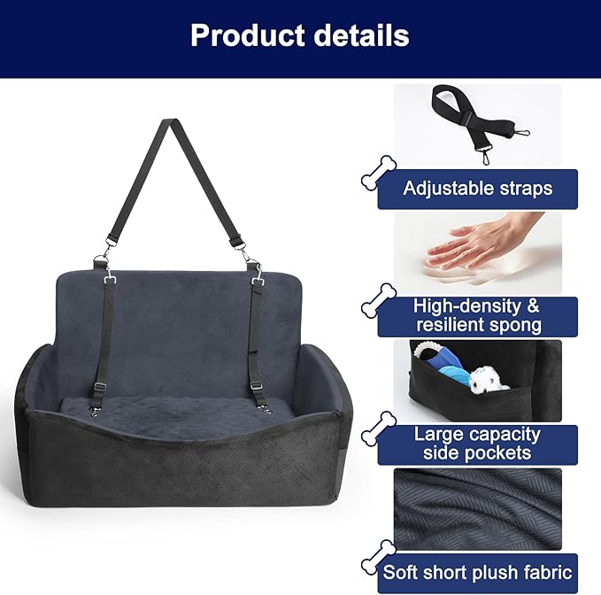 Dog Car Seats for Medium/Large Size Dog, Washable Booster Seat with Detachable Cover, Pet Car Seat with Thickened Memory Foam, Safety Belts, up to 55 lbs, Large(Black)