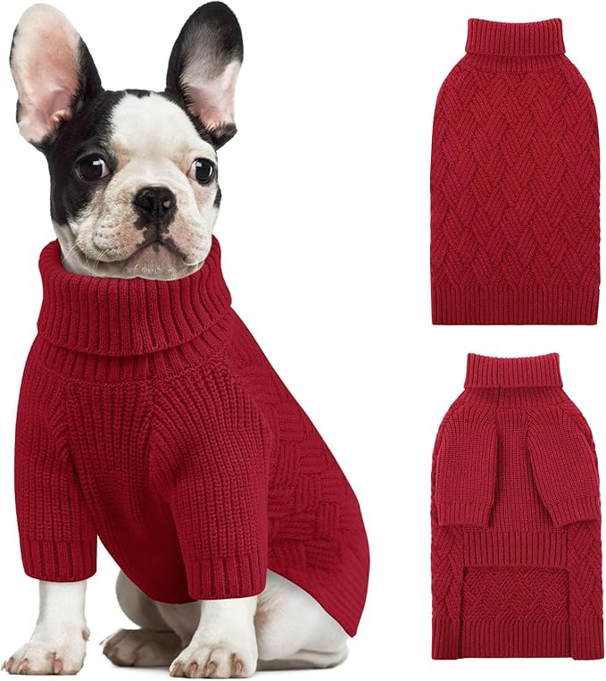KOESON Large Dog Sweater, Warm Christmas Dog Sweaters for Large Dogs, Cable Knit Sweater for French Bulldog, Pug, Corgi, Boston Terrier, Easy On Xmas Sweaters for Dogs, Red, L