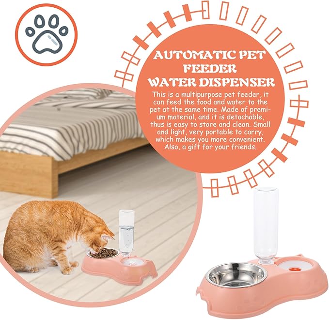 Automatic Pet Feeder and Water Dispenser Dual Bowl, Pink Plastic Food and Water Feeding Station for Cats and Dogs, Suitable for Home Use and Travel