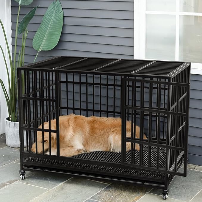 LEMBERI 48/42/38 Inch Heavy Duty Indestructible Dog Crate, Escape Proof Double Door Dog Kennel with Lockable Wheels, High Anxiety Extra Large Dog Cage Indoor Use, with Removable Tray