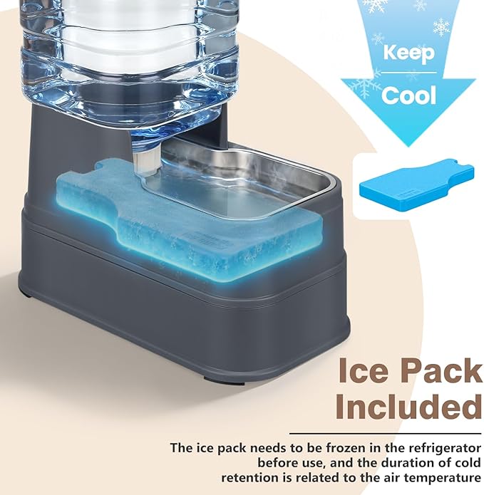 1.1 Gallon Pet Automatic Dog Water Dispenser Cat Gravity Waterer Feeder with Stainless Steel Bowl Large Capacity Puppy Feeding Raised Bowls with Filter,Ice Pack (Charcoal Gray, 4L(1.1 Gallon))