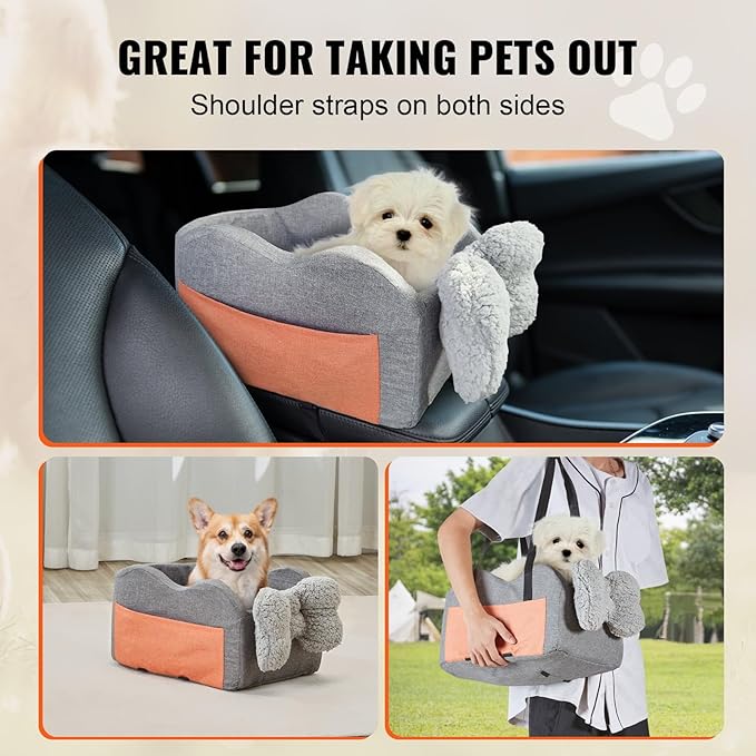 Pet Car Seat for Small Dogs, Oxford Fabric Console Booster with Safety Leash, Dark Gray, Fits Pets up to 8lbs, 17.72x10.63x9.06 Inches