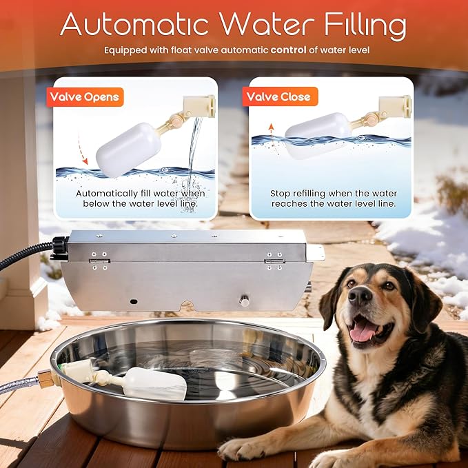 Heated Automatic Dog Water Bowl Dispenser Outdoor Heated Pet Waterer Thermal-Bowl Auto Fill Water Bowl for Large Dog, Cat, Chicken, Duck, Adjustable Temperature & Timer