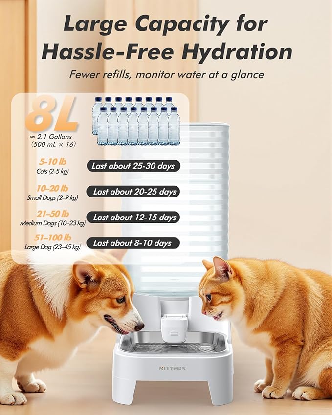 Automatic Dog Water Bowl Dispenser (8L) with Patented Faucet + Waterproof Pet Feeding Mat