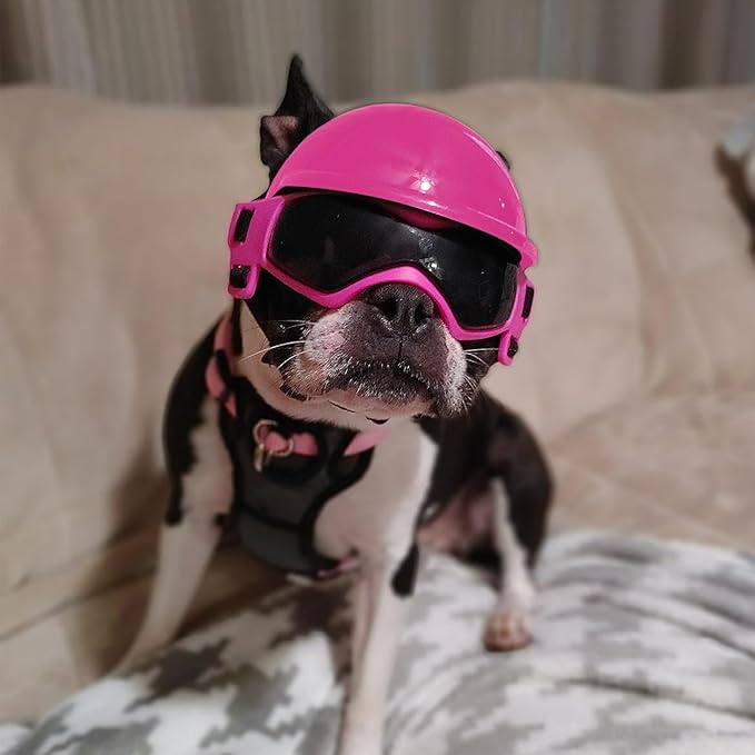 PETLESO Dog Helmet with Goggles, Anti-UV Doggy Sunglasses Pet Motorcycle Helmet with Ear Holes for Small Medium Dogs Outdoor Driving Walking Biking, Pink Outfit