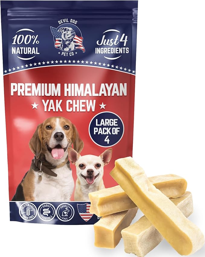 Devil Dog Pet Co. Himalayan Yak Cheese Dog Chews, Large - 4 Pack, 100% Natural & Healthy, Lactose-Free, Long-Lasting Dog Treats, Premium Yak Milk Chew Bones for Dogs