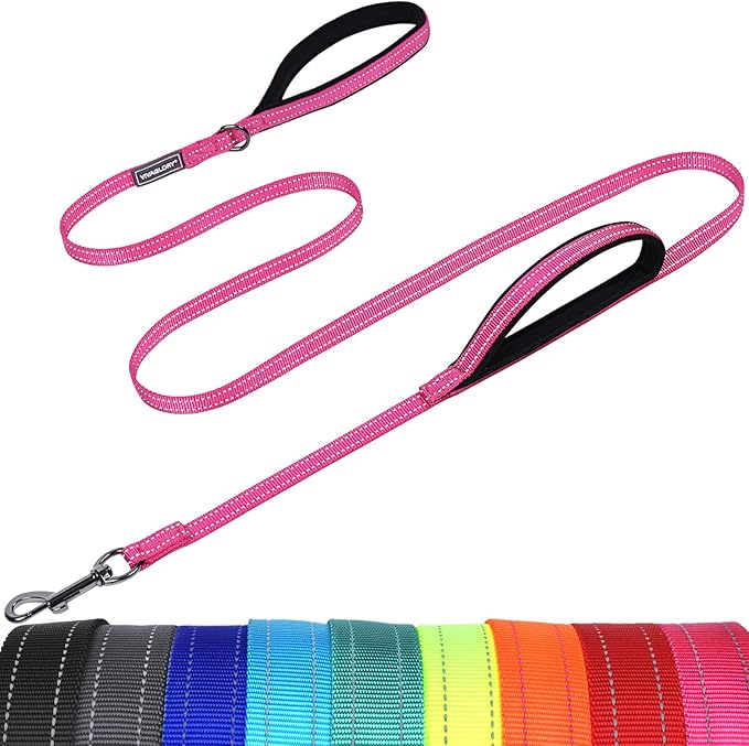 VIVAGLORY Twingrip Dog Leash, Double Handle Dog Leash for Training & Walking with Traffic Handle & 2 Loop, Traffic Control Reflective Heavy Duty for Puppy Pet, 5ft x 1/2in, Pink