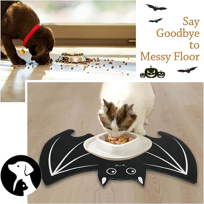 Halloween Pet Mat for Food and Water, Pet Feeding Mat for Dog Cat Bowl Absorbent Anti-Stain Non-Slip Quick Dry Easy Clean Floor Placemat, Pets Accessories Indoor (Bat)