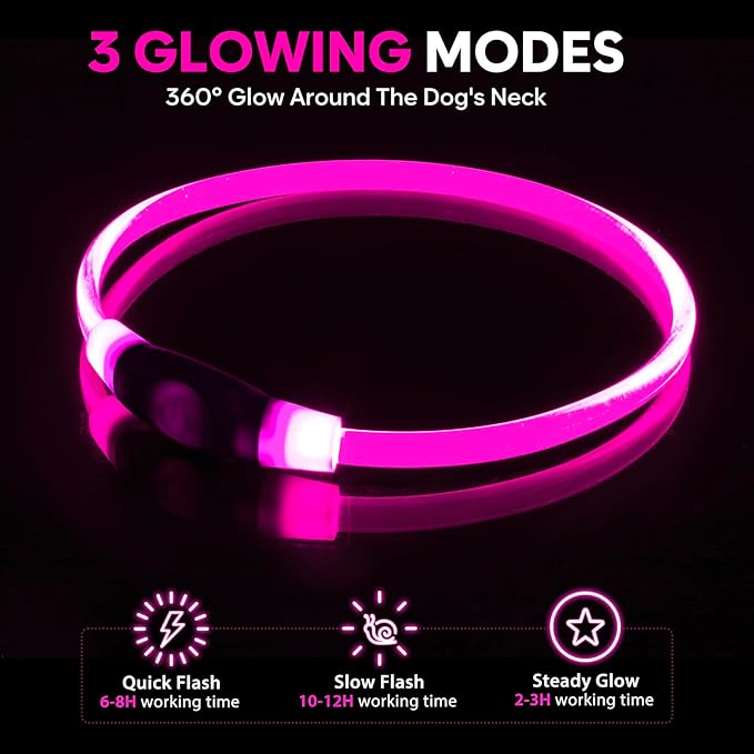 LED Dog Collar, Light Up Dog Collars USB Rechargeable for Night Walking-Fashion TPU Glowing Safety Pet Collar Lights for Small Dogs Cat(Pink)