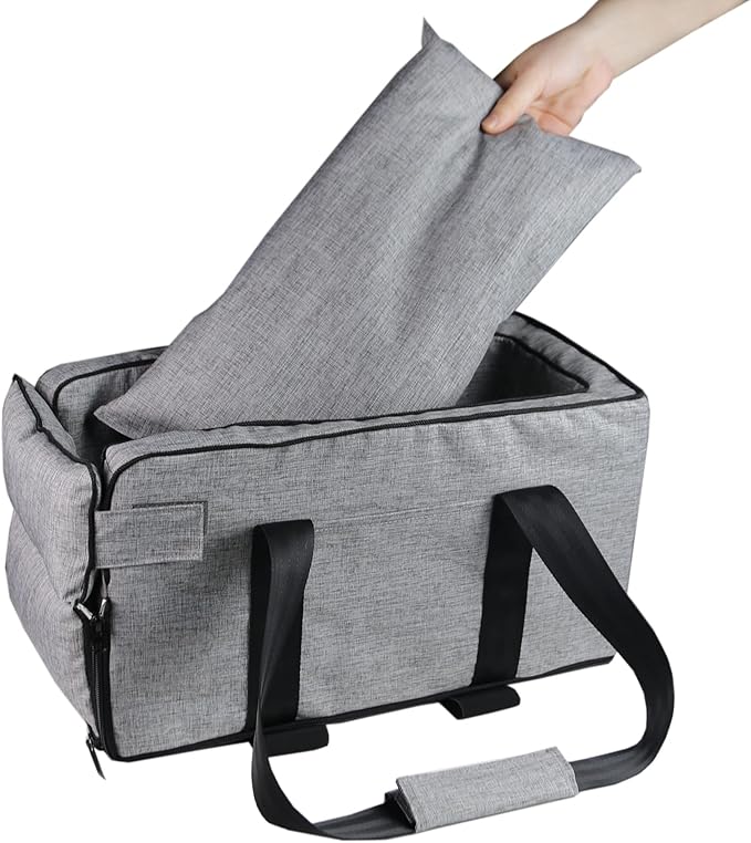 Dog Cat Car Booster Seat Cozy Boost Pet Console Carrier Puppy Car Seat with Clip-On Safety Leash & Anti-Slip Bottom for Small Medium Dogs Puppies Cats (Grey)
