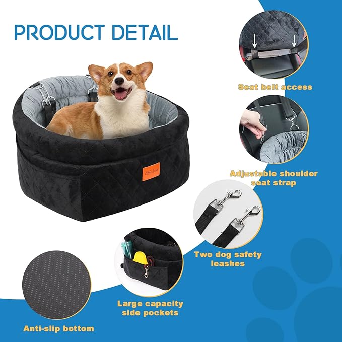 Cozy Dog Car Seat for Small Dogs Up to 30lbs, Elevated Memory Foam Booster Seat, Pet Travel Bed with Washable Removable Cover & Storage Pockets (Black)