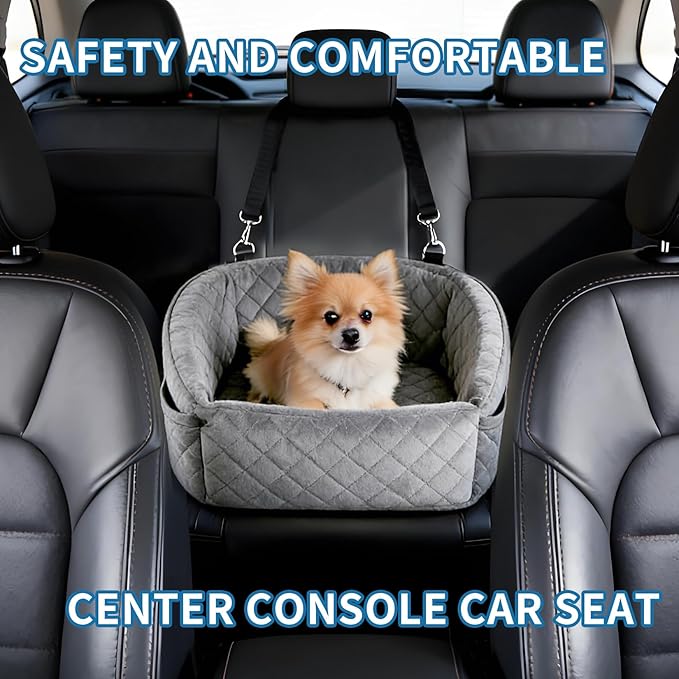 Suitable for Most Vehicles Dog Booster Car Seat for Small Dogs Up to 25-35 Lbs, Fully Detachable & Machine Washable Cover, Adjustable Safety Straps & Leash, Non-Slip Bottom with Storage Pockets（Grey）