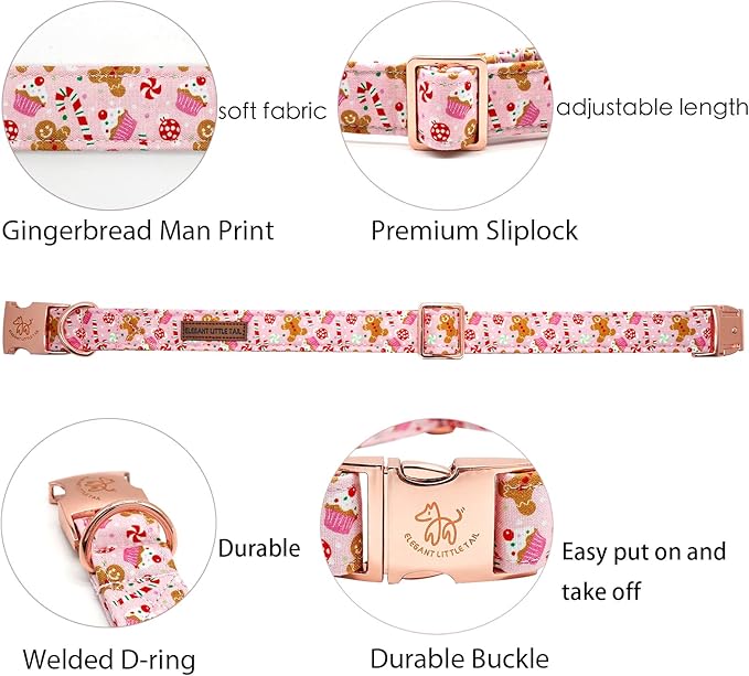 Elegant little tail Dog Collar, Christmas Pink Gingerbread Man Print Pet Collar Cute Dog Collars Male or Female Pet Gift Adjustable Dog Collar for X-Small Dogs