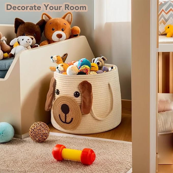 Large Dog Woven Basket with Handles - Toy Storage Bin, Baby Gift & Animal Nursery & Cute Laundry Basket, for Clothes, Towels, Toys (Dog)