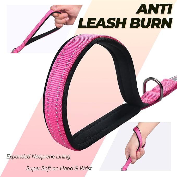 VIVAGLORY Dog Leash Lighthook Double Handle Dog Leash with Traffic Handle & Locking Carabiner for Walking & Training, Traffic Control Lightweight Carabiner for Puppy Pet, 6ft x 1/2in, Pink