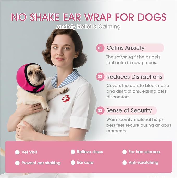 Dog Calming Hoodie Water Resistant,Adjustable No Shake Ear Wraps for Dogs,Anxiety Relief & Noise Protection,Pet Ear Cover Muffs for Swimming,Firework,Grooming,Thunderstorms,Bathing,Rosered,S